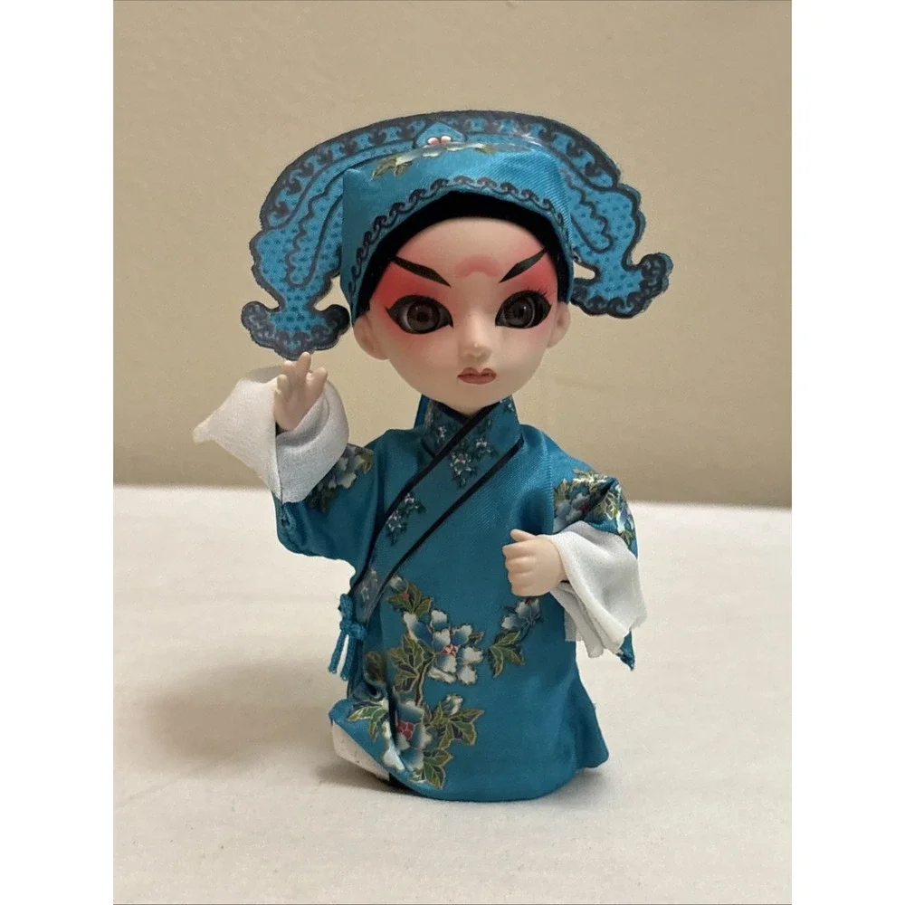 Tang Wawa Chinese Peking Opera Silk Doll Blue Beijing Hand Painted Figurine